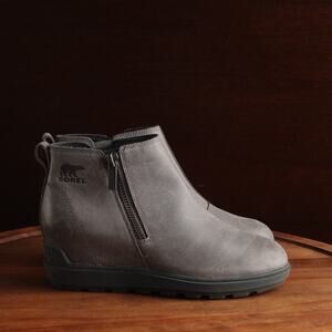 Sorel Boots Women SZ 6.5 Gray Evie II Zip Wedge Leather Ankle Outdoor Waterproof